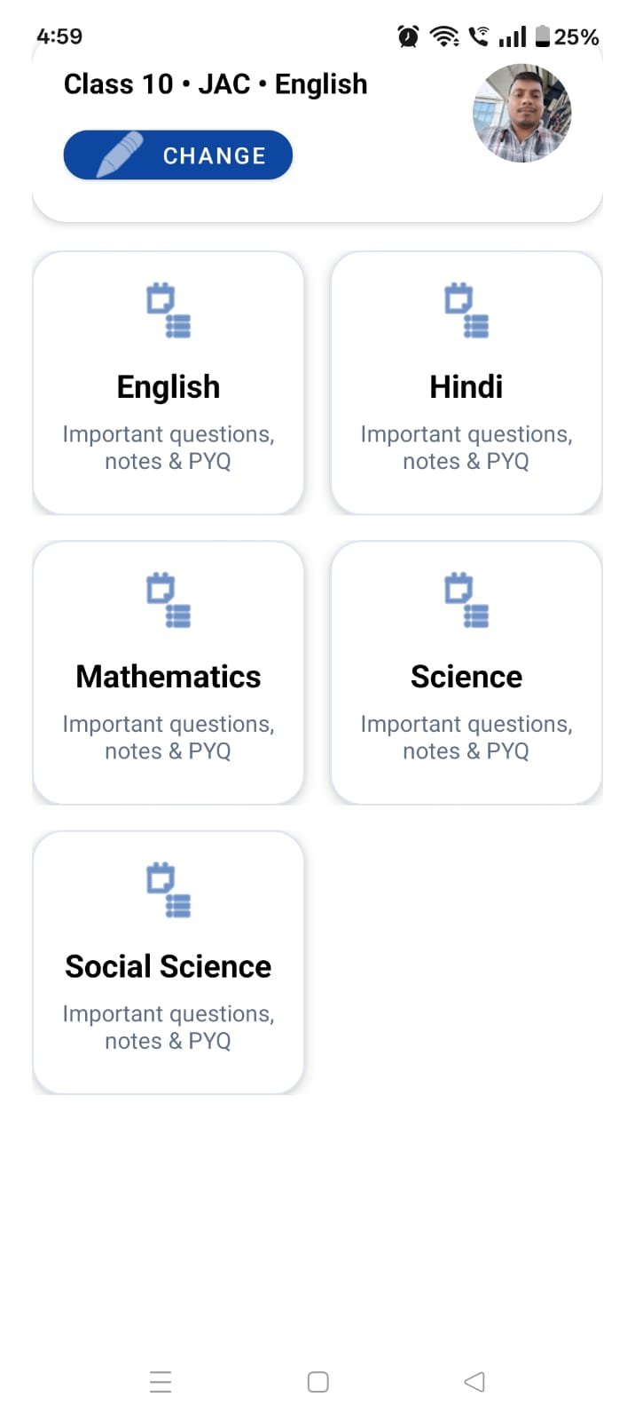 PREP APP subject listing screen