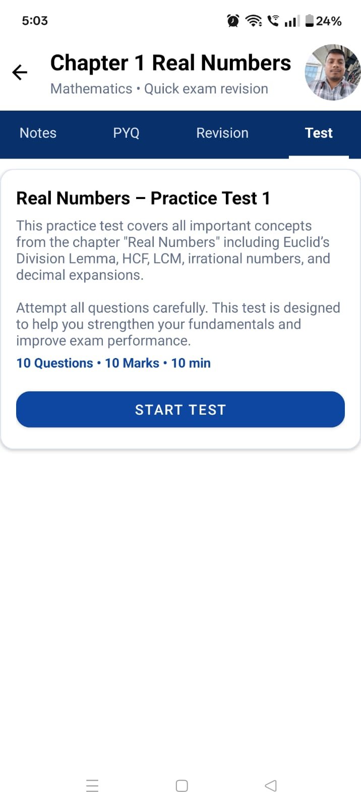 PREP APP test screen