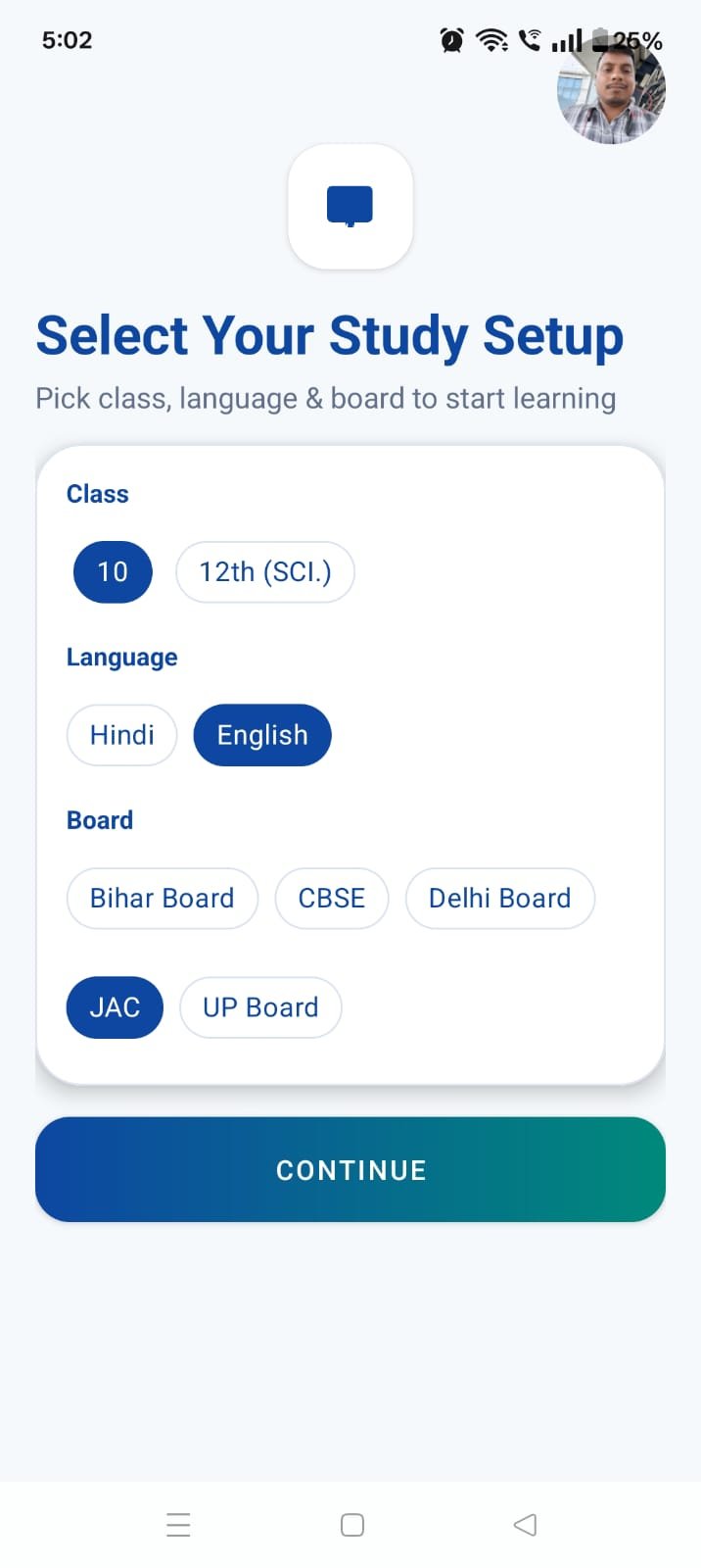 PREP APP study setup screen